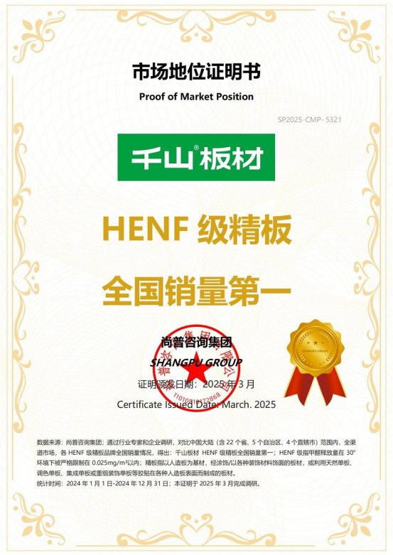 市场地位认证：千山板材HENF级精板全国